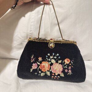 Vintage Handmade Womens Black 60s Embroidered floral Beaded French Mini Handbag